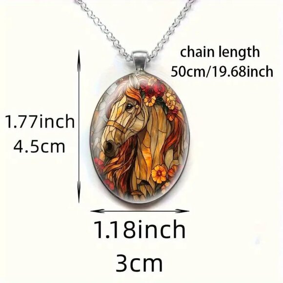 Silver Oval Shaped HORSE Flowers Pendant Necklace - Picture 3 of 3